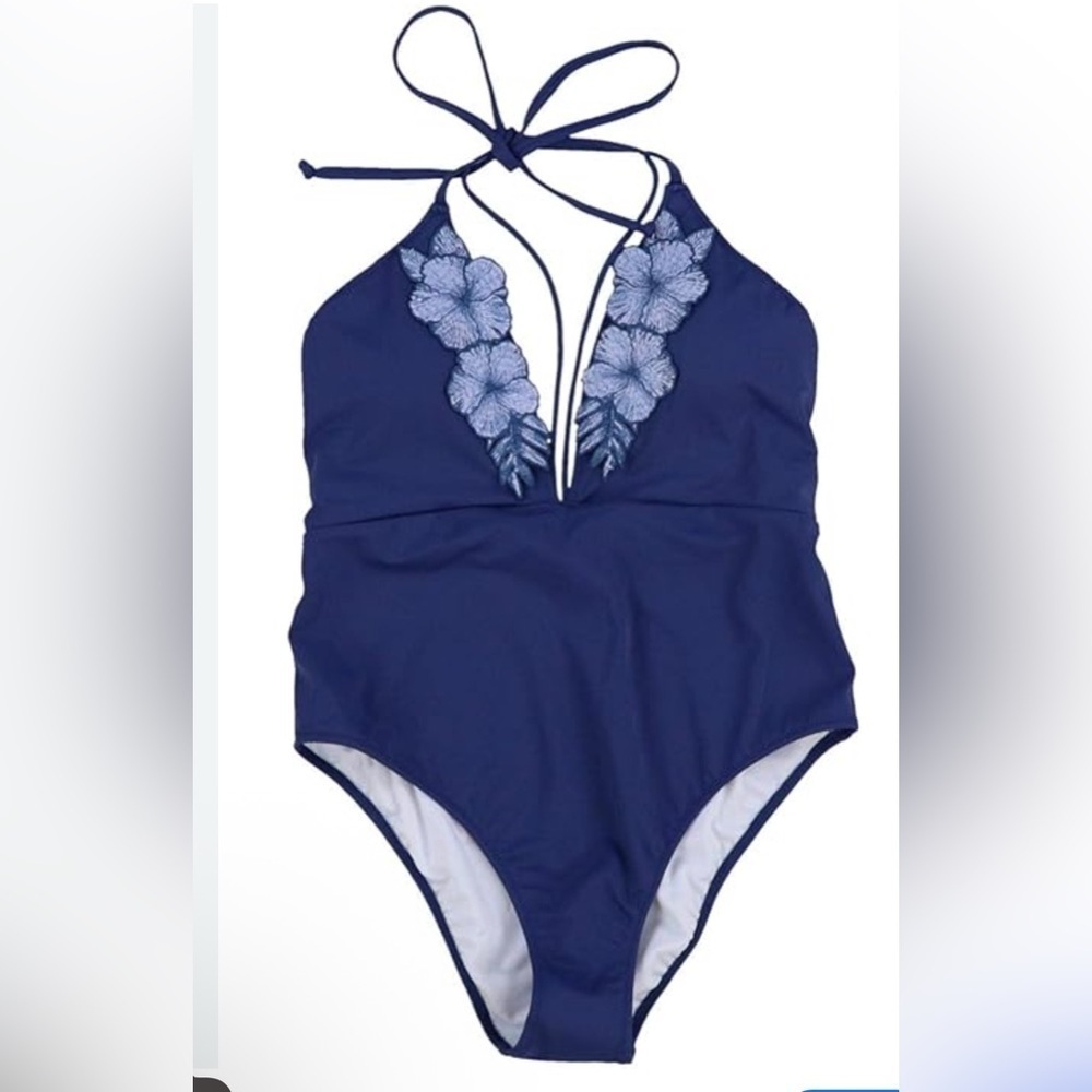 Victoriaâs Secret PINK Swimsuit Floral Swim Embroidered Plunge One Piece Navy S/